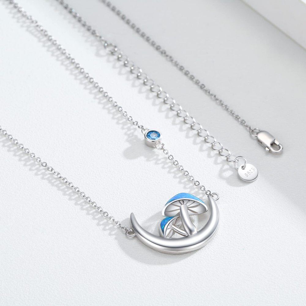 Sterling Silver Opal Mushroom & Moon Pendant Necklace-3
