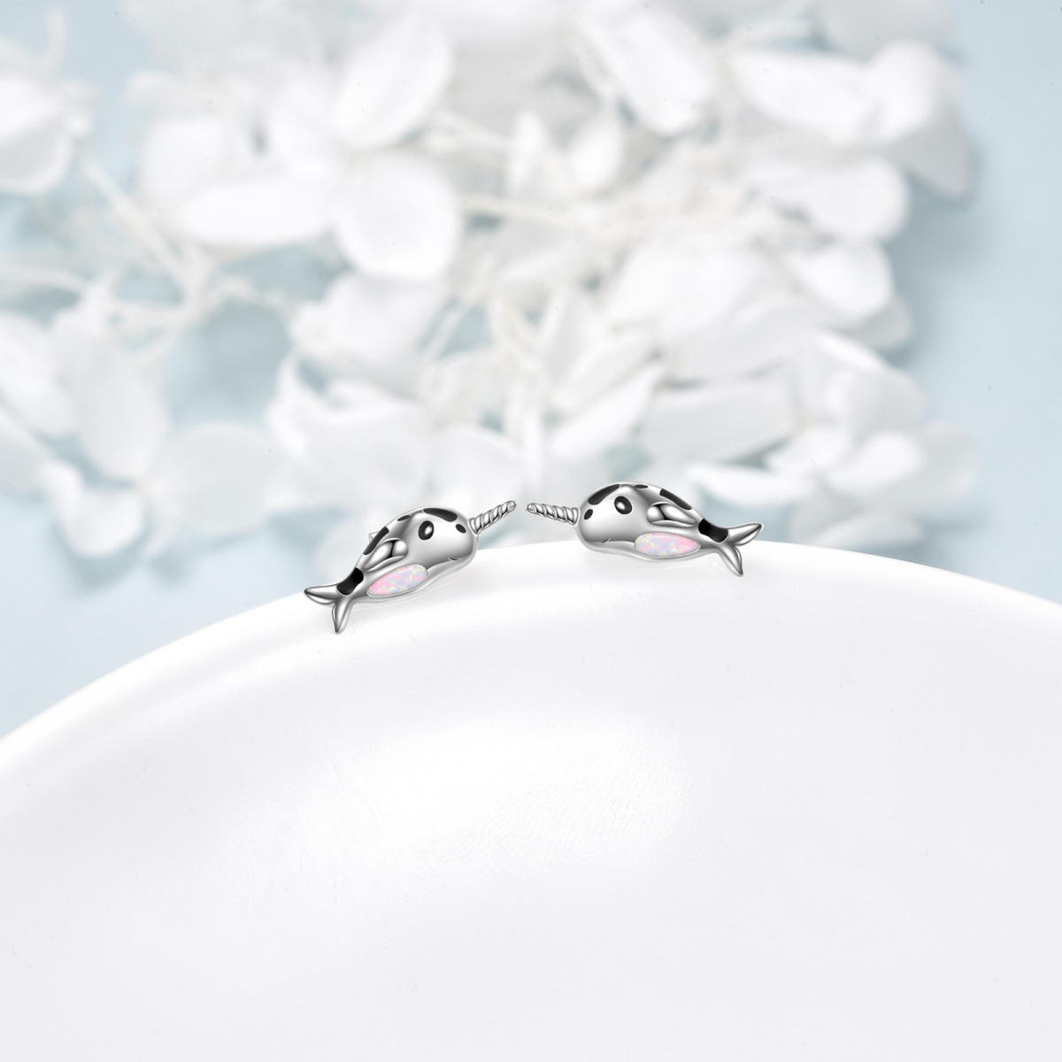 Sterling Silver Opal Narwhal Stud Earrings-3