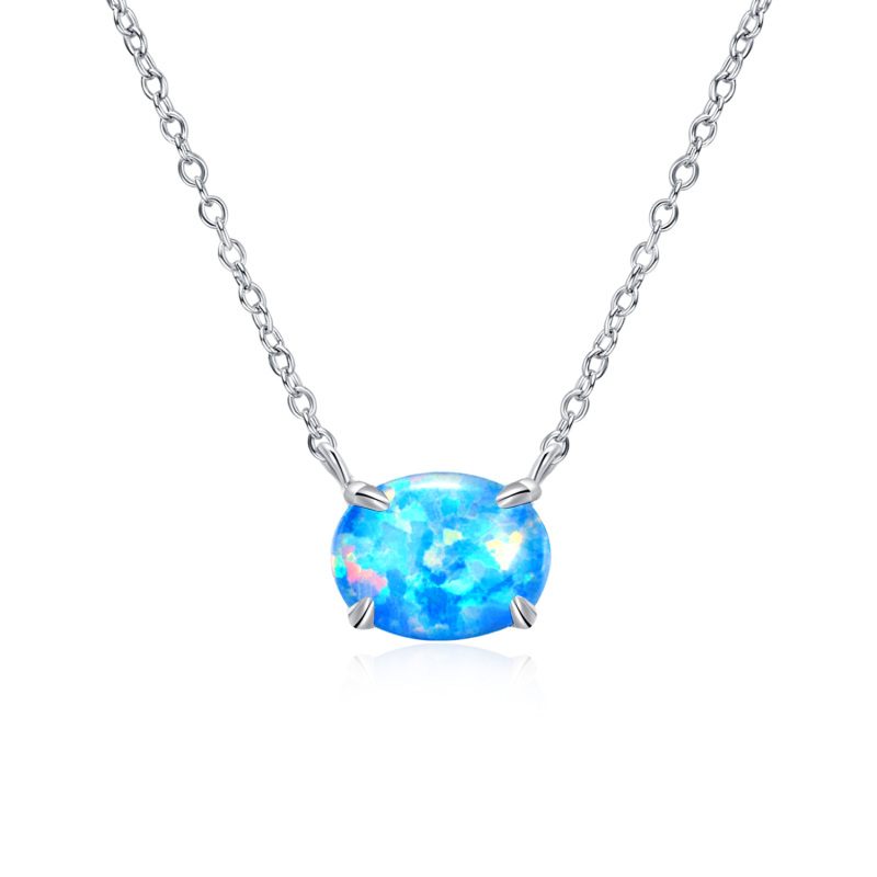 Sterling Silver Opal Oval Shaped Pendant Necklace-5