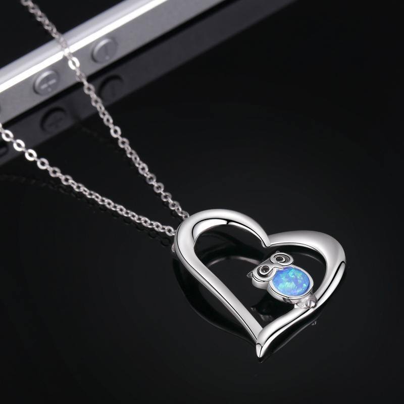 Collier en argent sterling avec pendentif hibou et coeur en opale-2