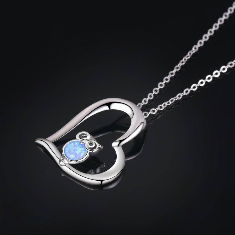 Collier en argent sterling avec pendentif hibou et coeur en opale-3
