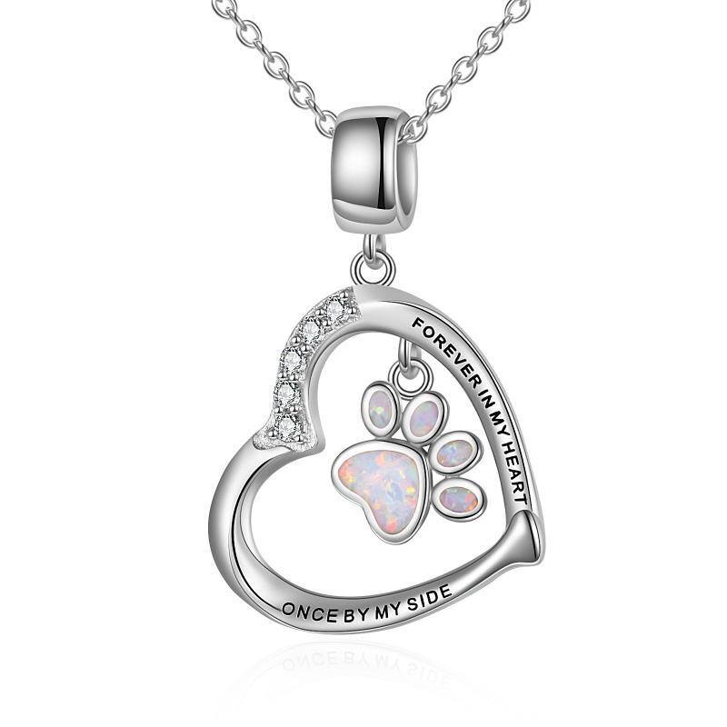 Sterling Silver Opal Paw & Heart Pendant Necklace with Engraved Word-13