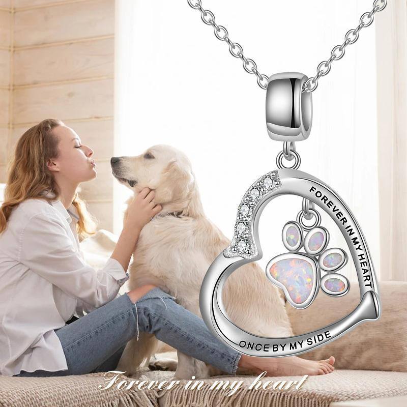 Sterling Silver Opal Paw & Heart Pendant Necklace with Engraved Word-3