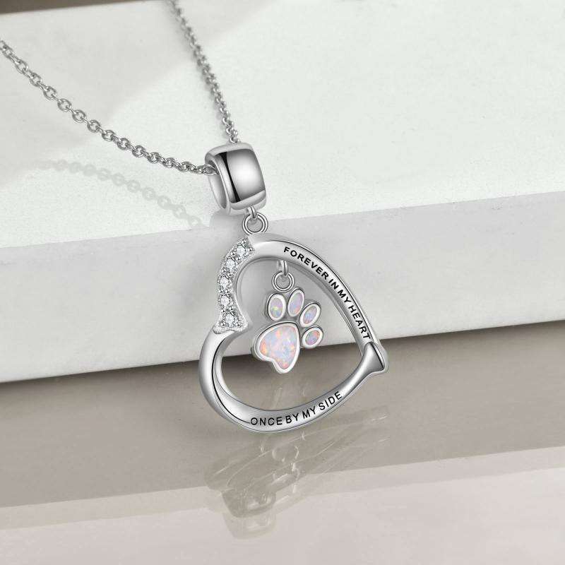 Sterling Silver Opal Paw & Heart Pendant Necklace with Engraved Word-4