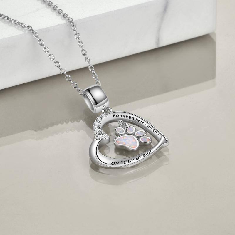 Sterling Silver Opal Paw & Heart Pendant Necklace with Engraved Word-5