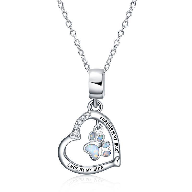 Sterling Silver Opal Paw & Heart Pendant Necklace with Engraved Word-1