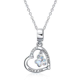 Sterling Silver Opal Paw & Heart Pendant Necklace with Engraved Word-47