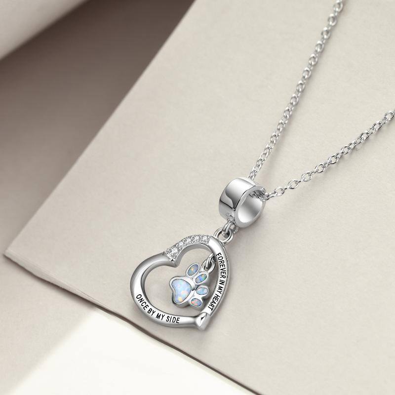 Sterling Silver Opal Paw & Heart Pendant Necklace with Engraved Word-3