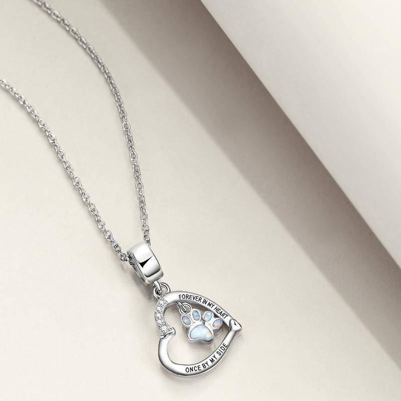 Sterling Silver Opal Paw & Heart Pendant Necklace with Engraved Word-4