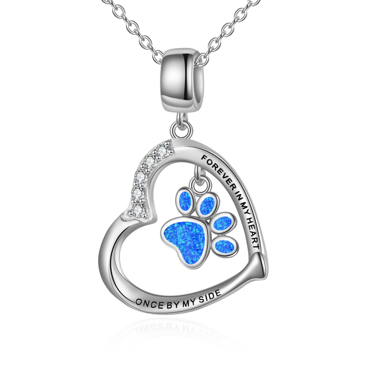 Sterling Silver Cubic Zirconia Opal Paw With Heart Pendant Necklace With Engraved Word For Women-1