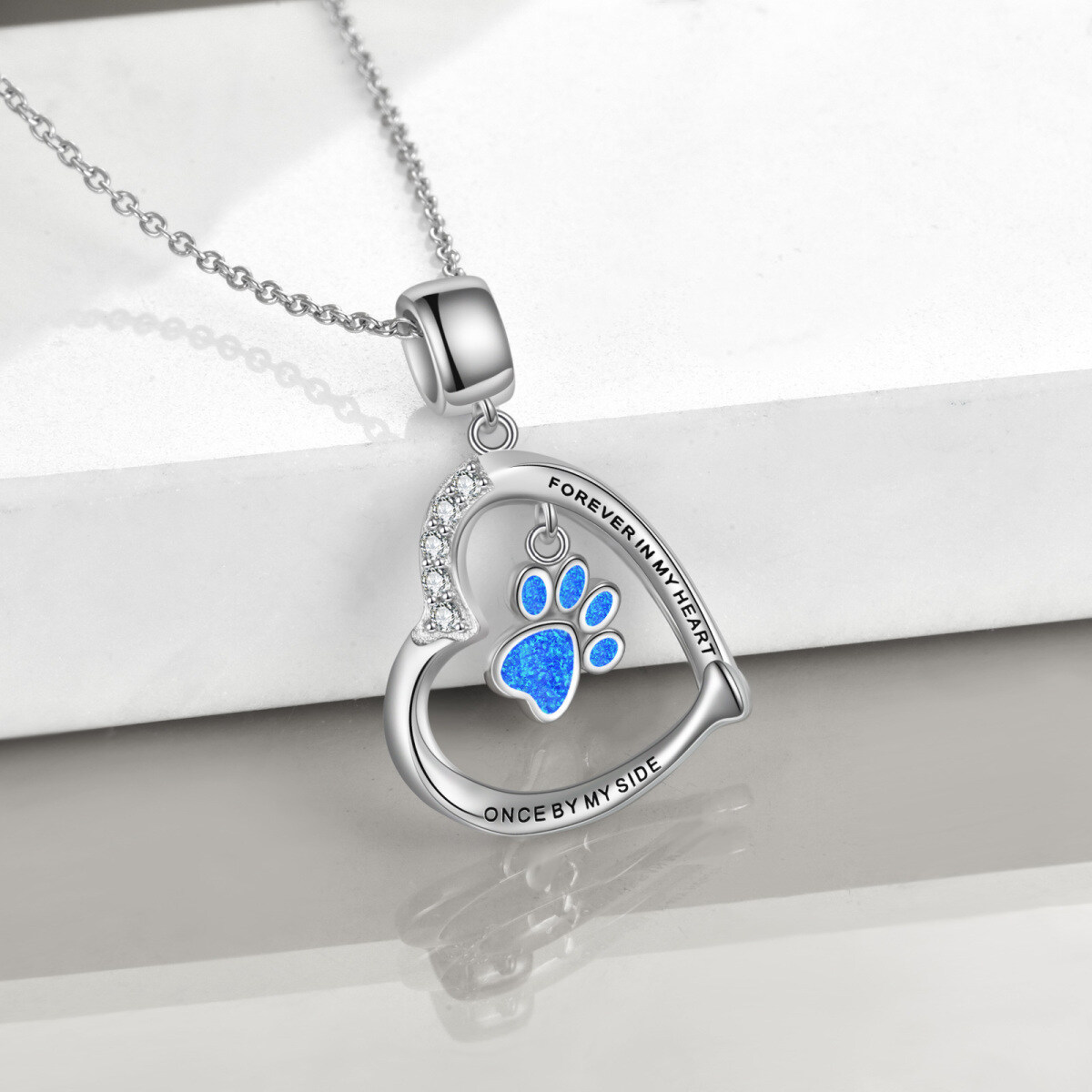 Sterling Silver Cubic Zirconia Opal Paw With Heart Pendant Necklace With Engraved Word For Women-3