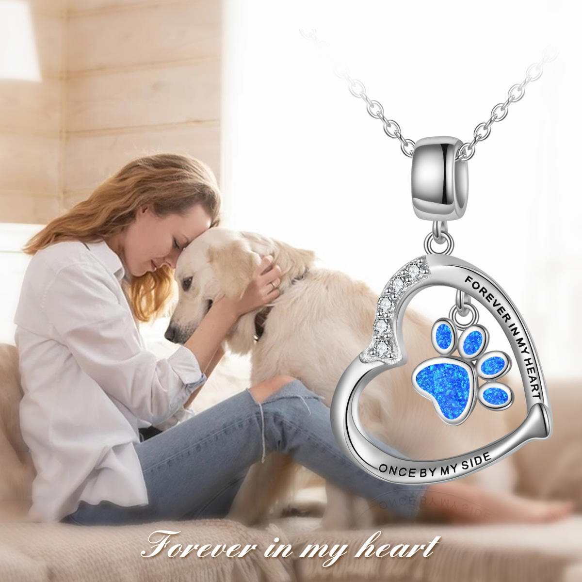 Sterling Silver Cubic Zirconia Opal Paw With Heart Pendant Necklace With Engraved Word For Women-6