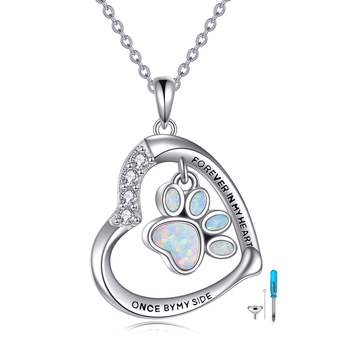 Collana per urna per ceneri in argento sterling con zampa e cuore in opale e parola incisa-1