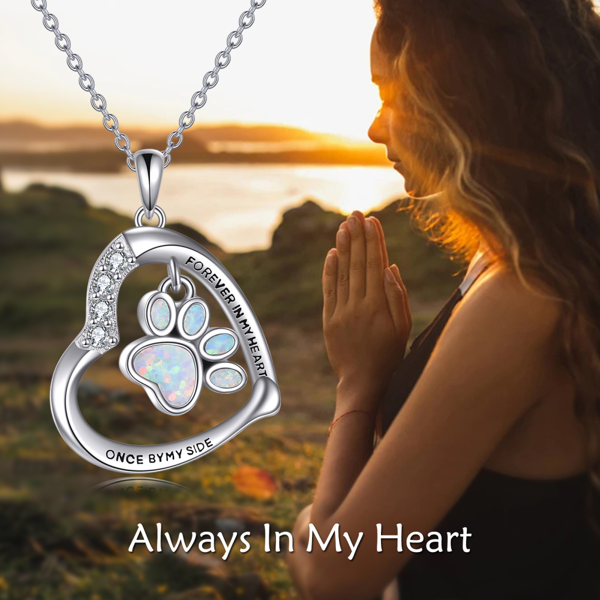 Sterling Silver Opal Paw & Heart Urn Necklace for Ashes with Engraved Word-3