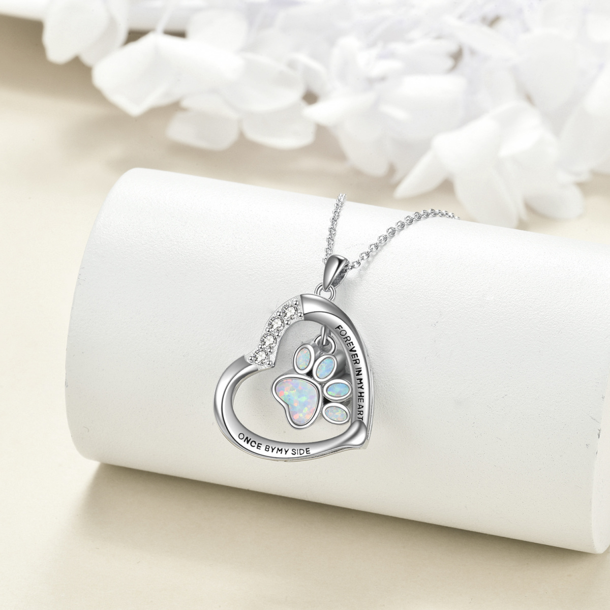 Sterling Silver Opal Paw & Heart Urn Necklace for Ashes with Engraved Word-4