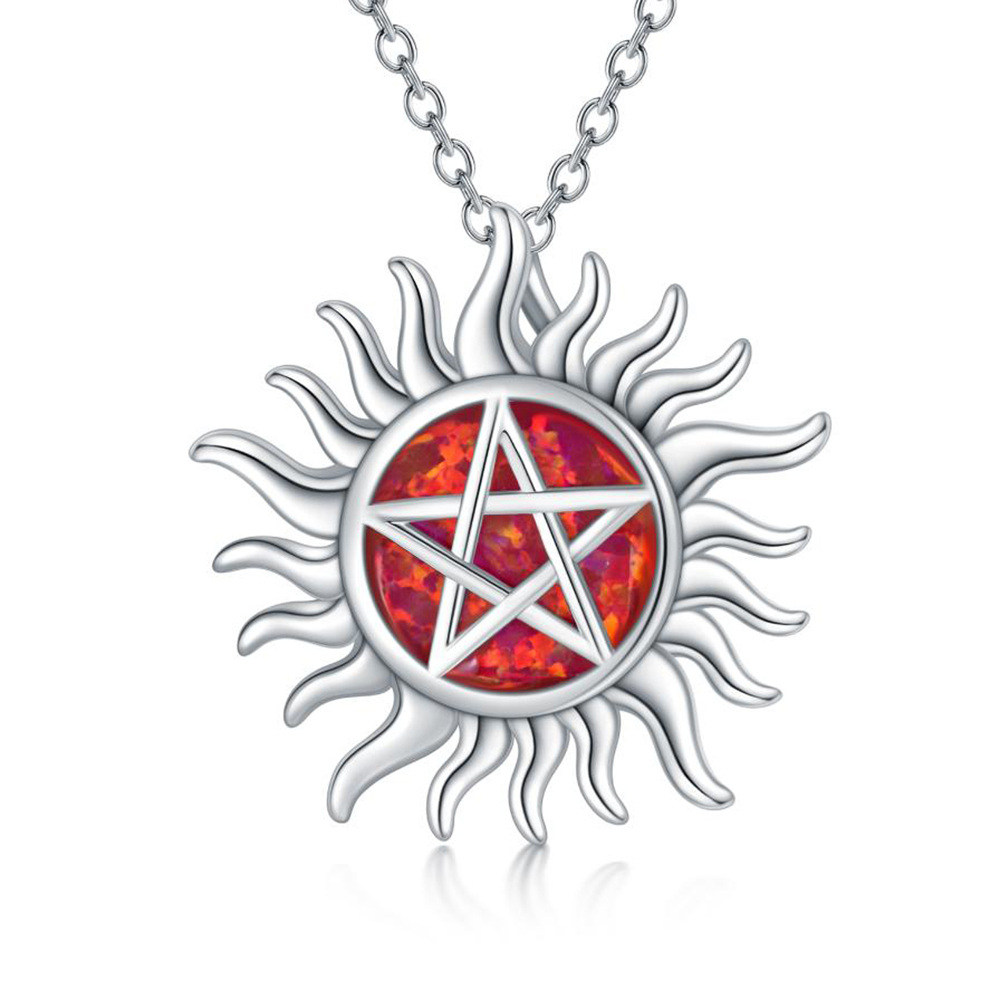 Collier pendentif soleil pentagramme opale en argent sterling-1