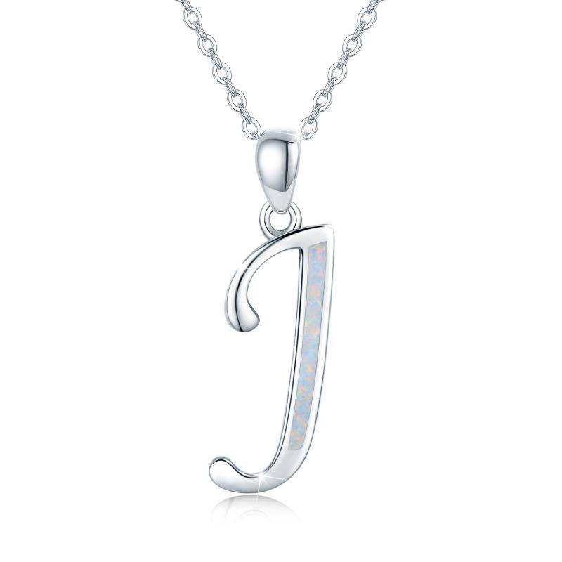 Sterling Silver Opal Personalized Initial Letter J Pendant Necklace-1