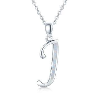 Sterling Silver Opal Personalized Initial Letter J Pendant Necklace-37