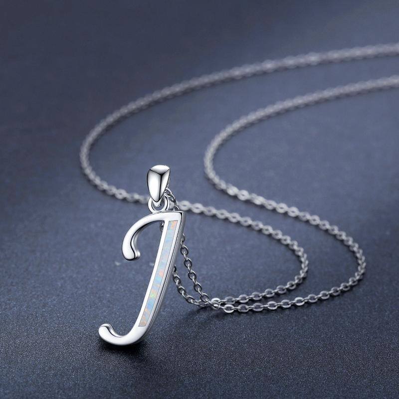 Sterling Silver Opal Personalized Initial Letter J Pendant Necklace-5