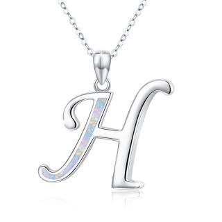 Sterling Silver Opal Personalized Initial Letter H Pendant Necklace-5