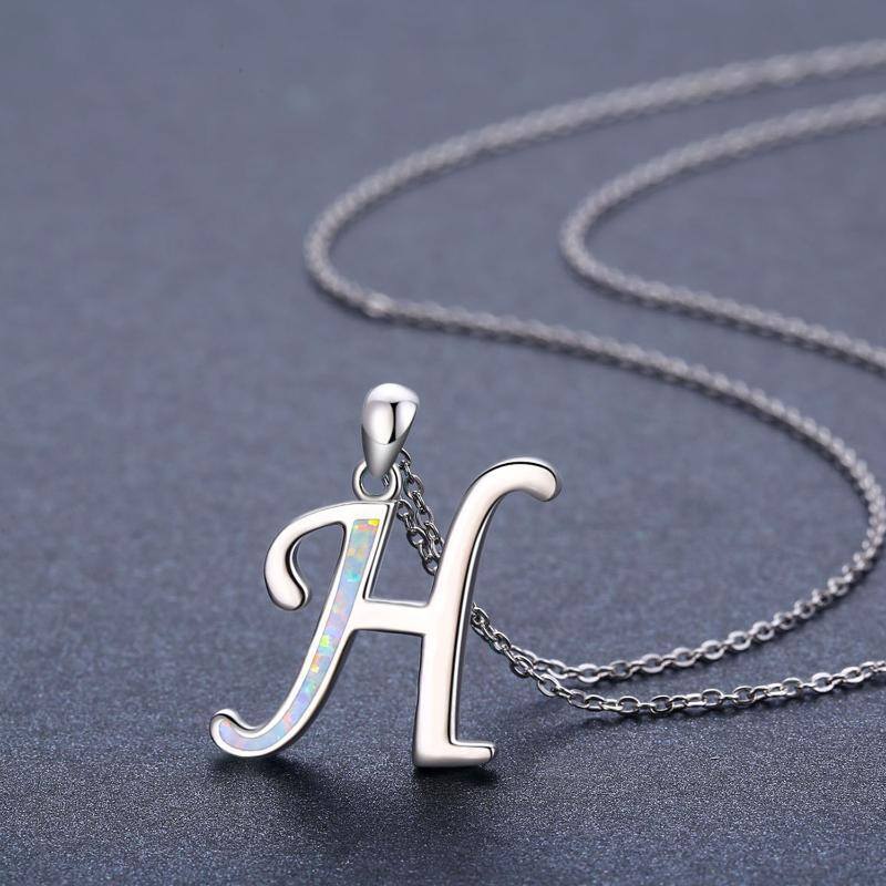 Sterling Silver Opal Personalized Initial Letter H Pendant Necklace-4