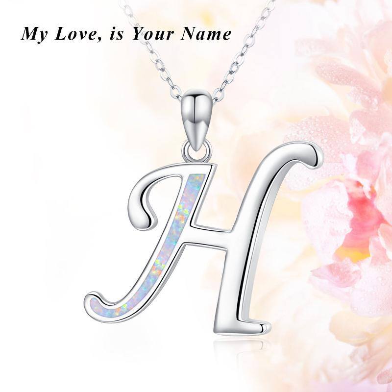 Collier en argent sterling avec pendentif opale lettre initiale H personnalisée-5