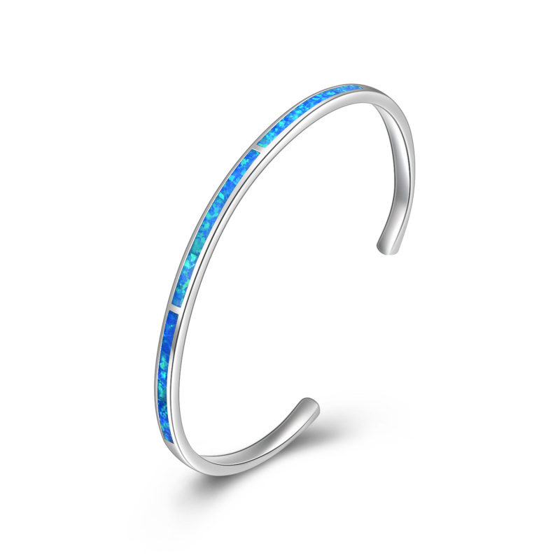 Sterling Silver Opal Plain Bangle-2