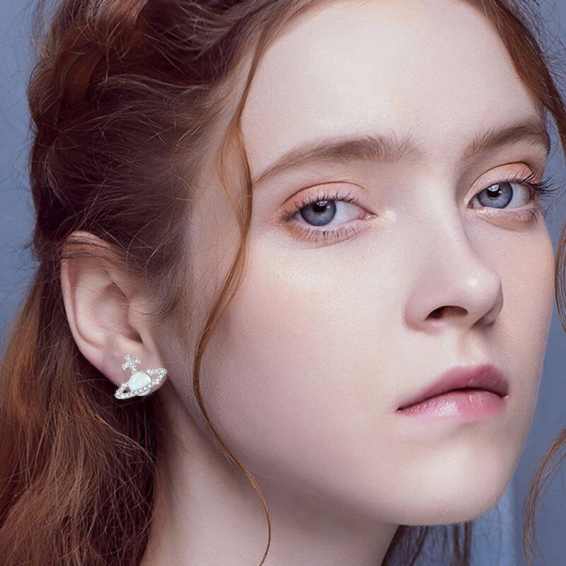 Pendientes de botón con forma de planeta de ópalo en plata de ley-2