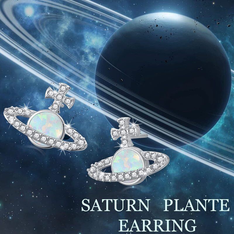 Pendientes de botón con forma de planeta de ópalo en plata de ley-5