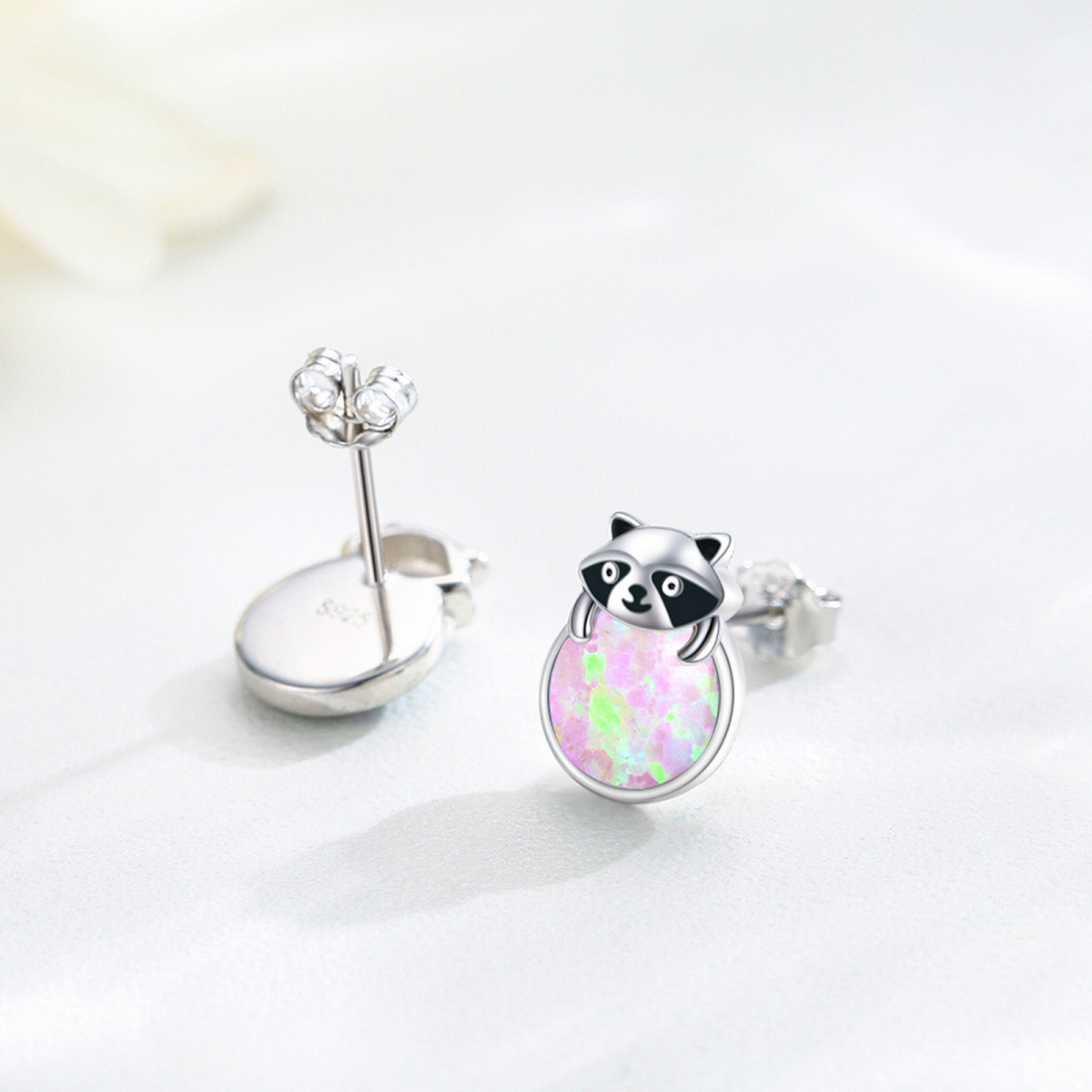 Sterling Silver Opal Raccoon Stud Earrings-4