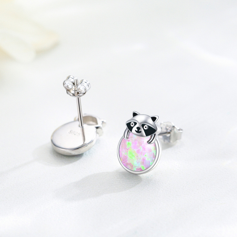 Sterling Silver Opal Raccoon Stud Earrings-4