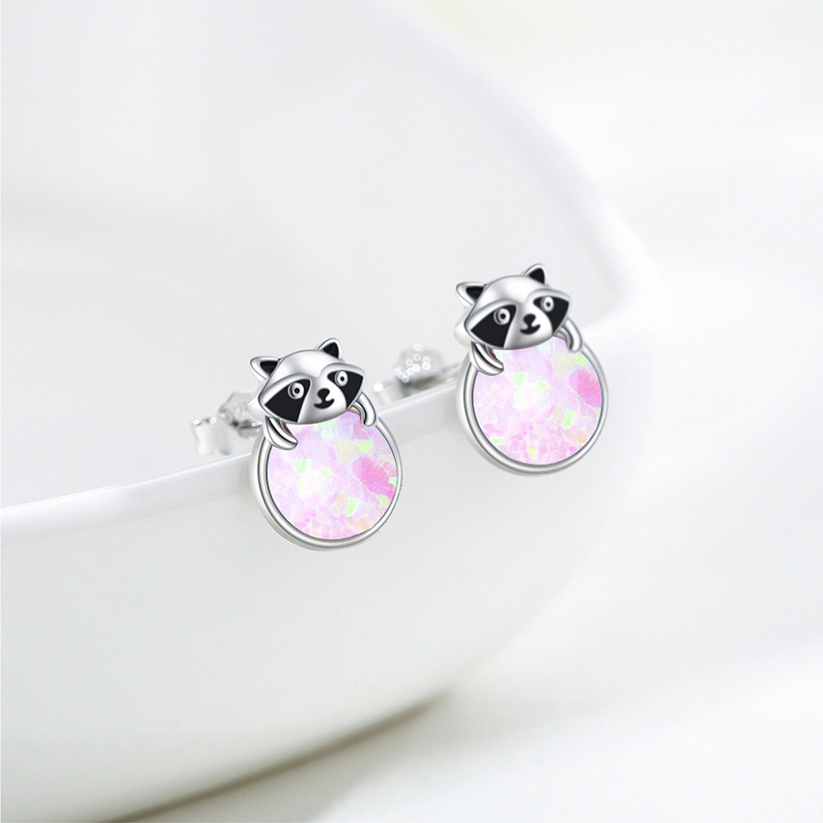 Sterling Silver Opal Raccoon Stud Earrings-5