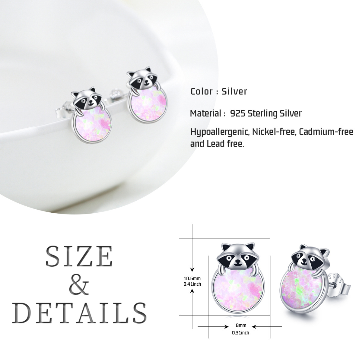 Sterling Silver Opal Raccoon Stud Earrings-6