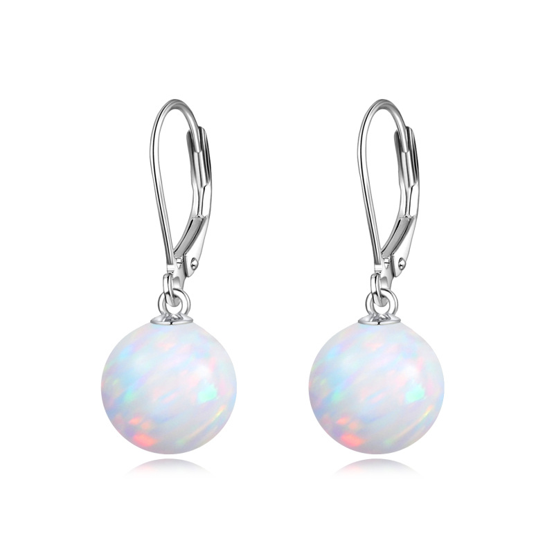 Sterling Silver Opal Round Drop Earrings-2