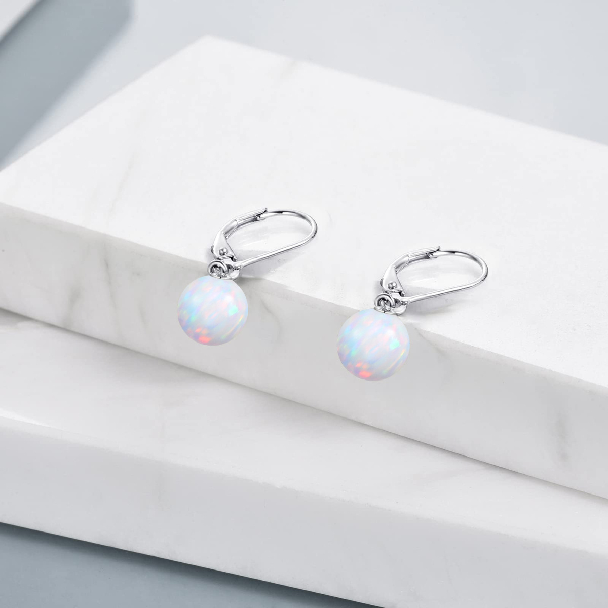 Sterling Silver Opal Round Drop Earrings-3