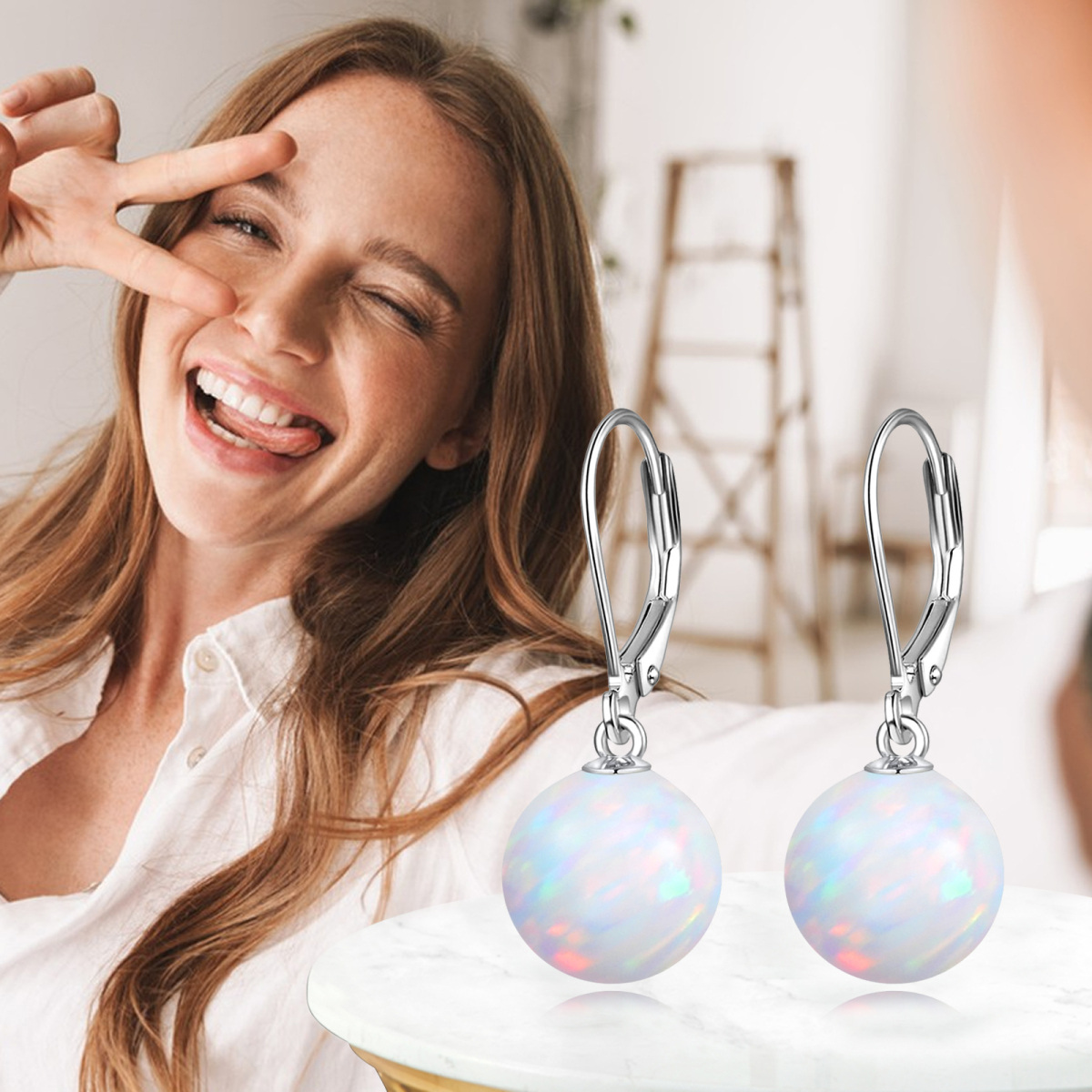 Sterling Silver Opal Round Drop Earrings-6