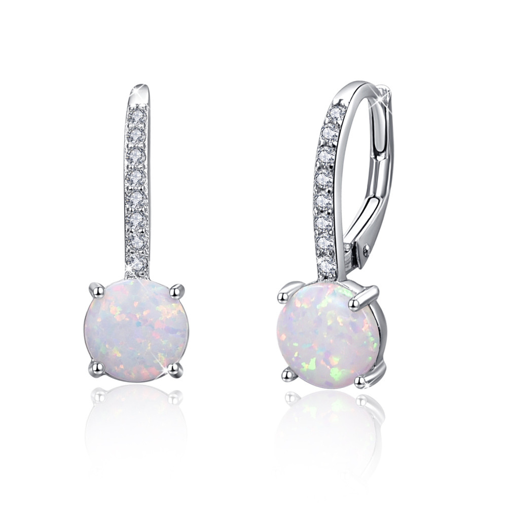 Sterling Silver Opal Round Lever-back Earrings-1