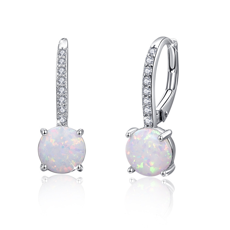 Sterling Silver Opal Round Lever-back Earrings