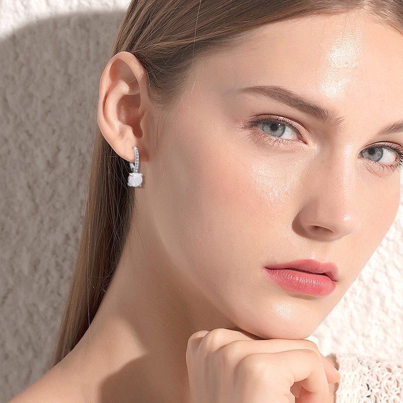 Sterling Silver Opal Round Lever-back Earrings-2