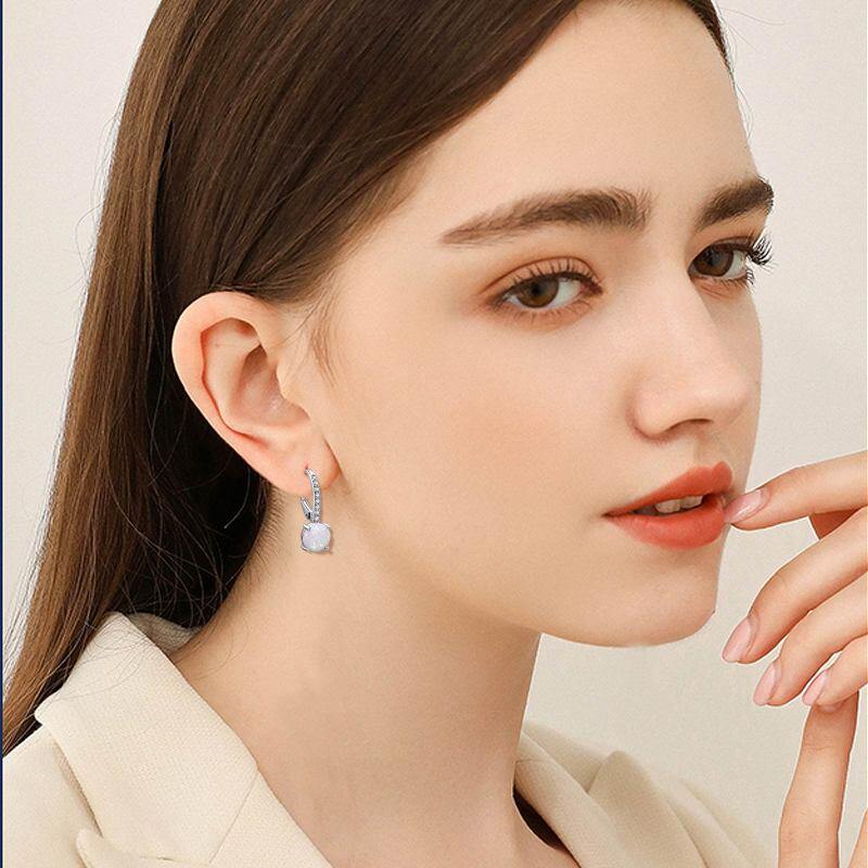 Sterling Silver Opal Round Lever-back Earrings-3