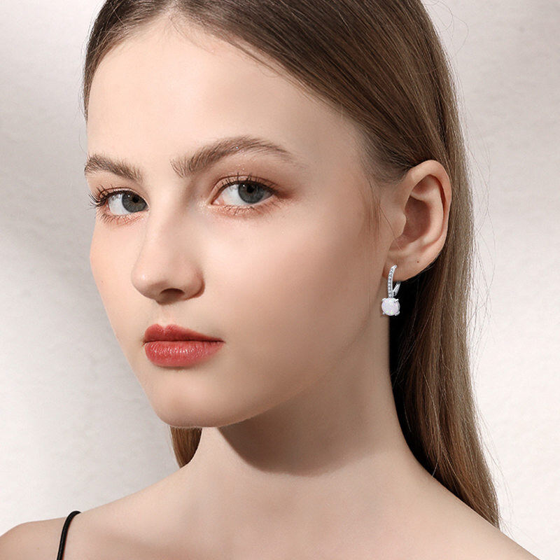 Sterling Silver Opal Round Lever-back Earrings-4