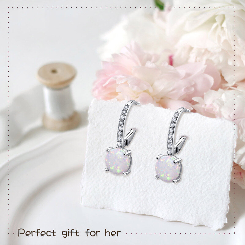 Sterling Silver Opal Round Lever-back Earrings-5