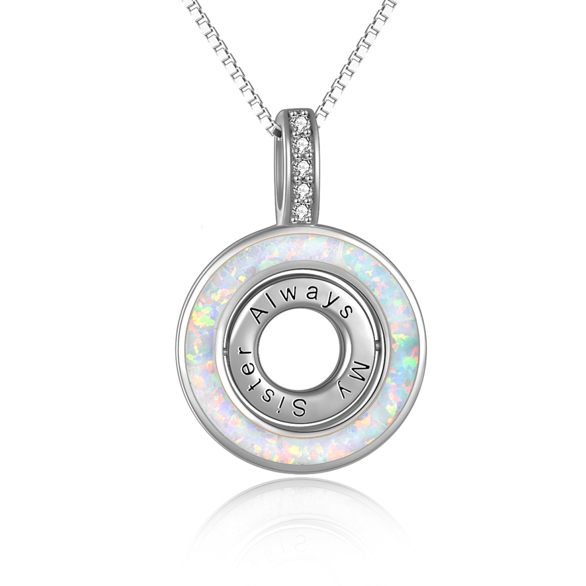 Sterling Silver Opal Round Rotate Spinner Necklace Always My Sister Forever My Friend-1