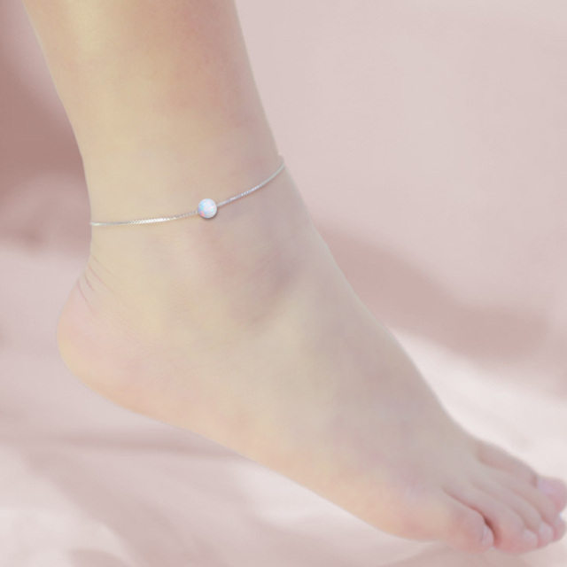 Sterling Silver Opal Round Single Layer Anklet-2