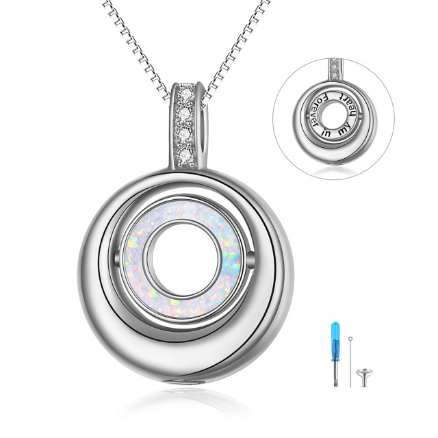 Sterling Silver Cubic Zirconia & Opal Round Urn Necklace for Ashes with Engraved Word-1