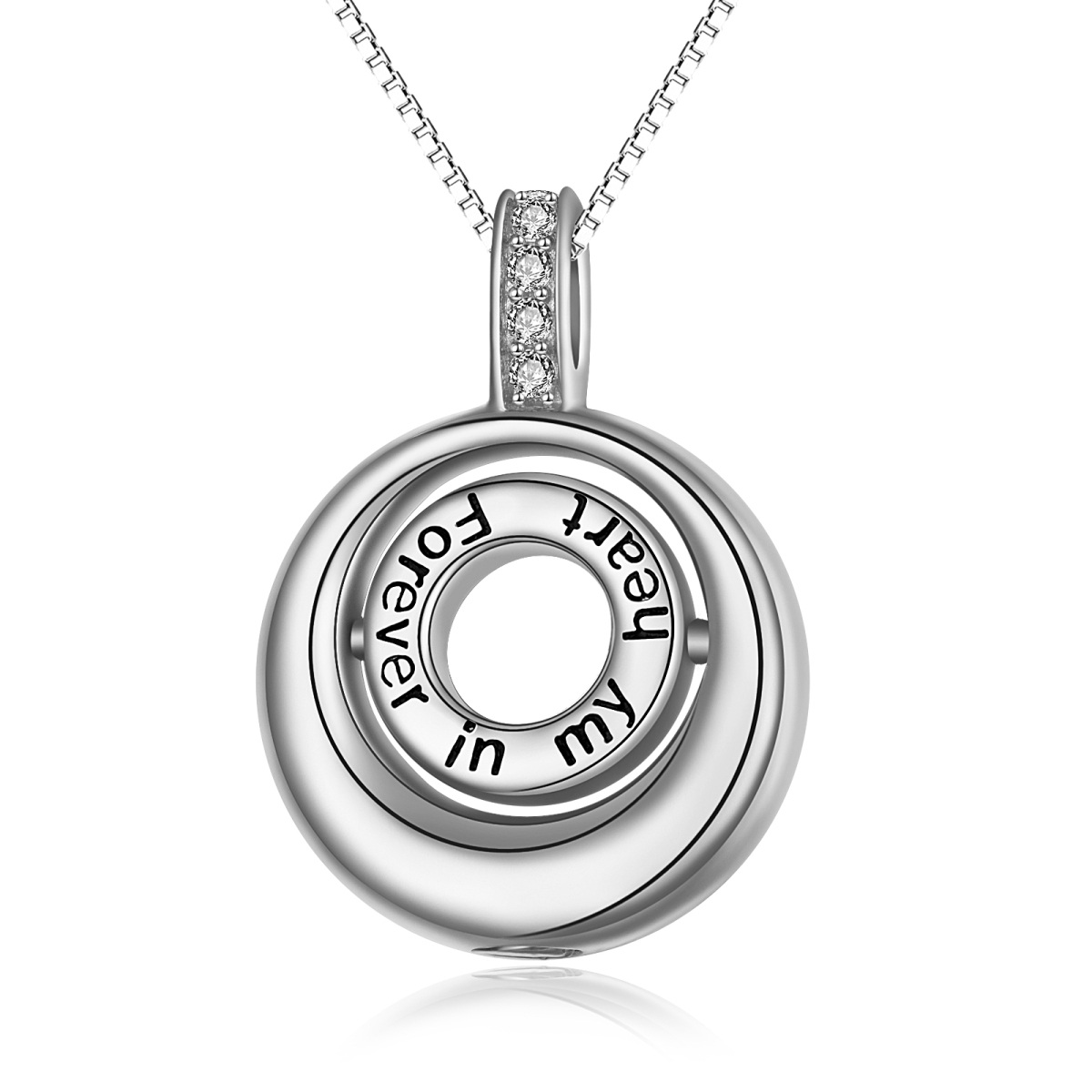 Collana con urna rotonda in argento sterling con zirconia cubica e opale per le ceneri con parola incisa-5