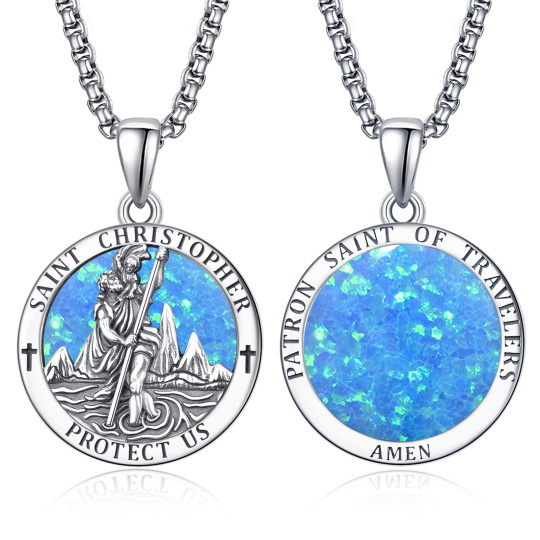 Sterling Silber Opal Saint Christopher Anhänger Halskette mit eingraviertem Wort für Männe