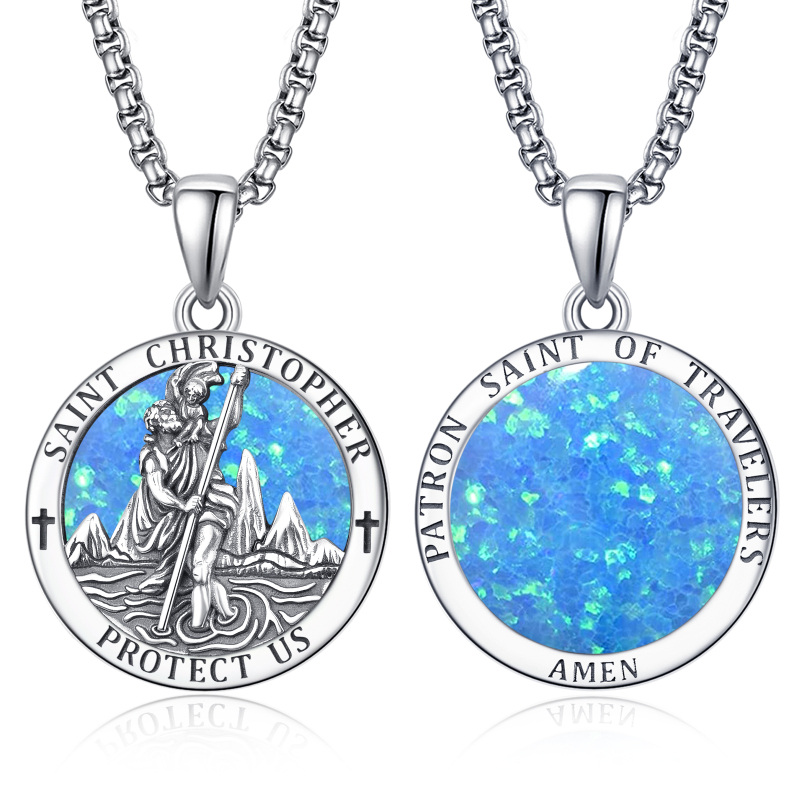 Colar com pingente de prata esterlina Opala São Cristóvão com palavra gravada para homem-16