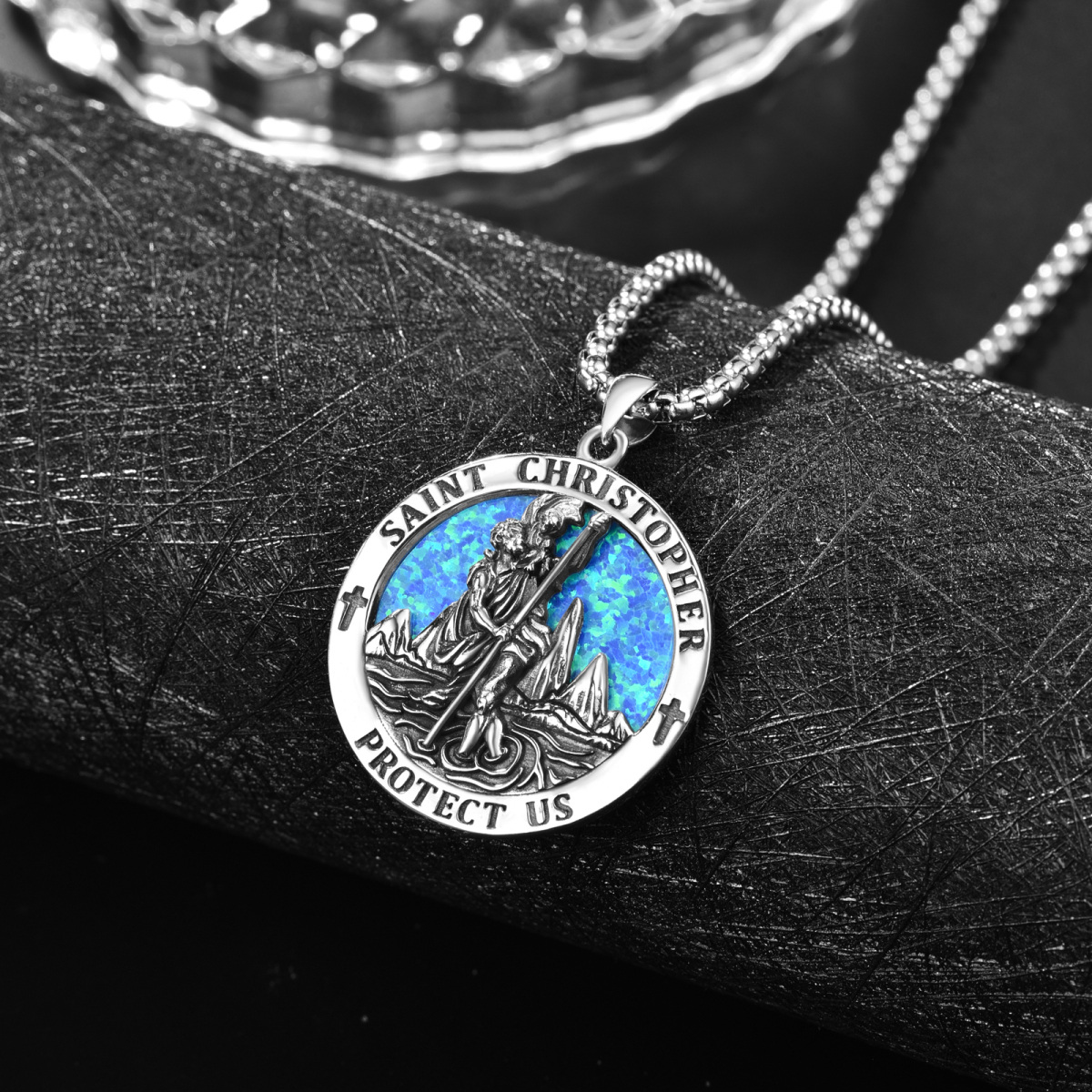 Sterling Silver Opal Saint Christopher Pendant Necklace with Engraved Word for Men-3