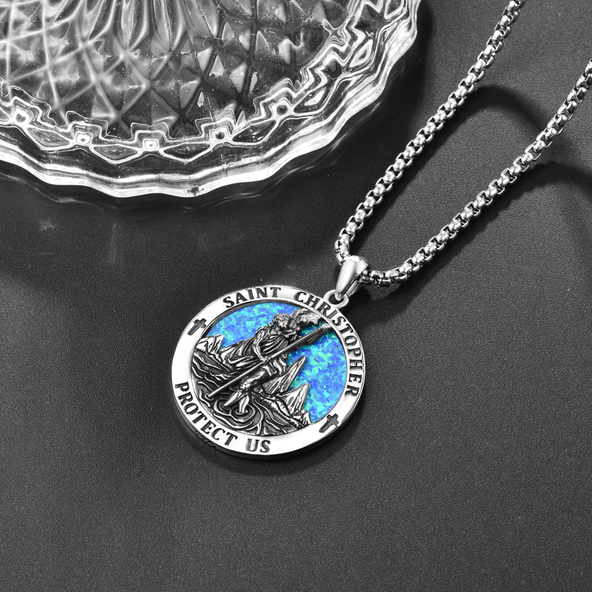 Sterling Silver Opal Saint Christopher Pendant Necklace with Engraved Word for Men-4